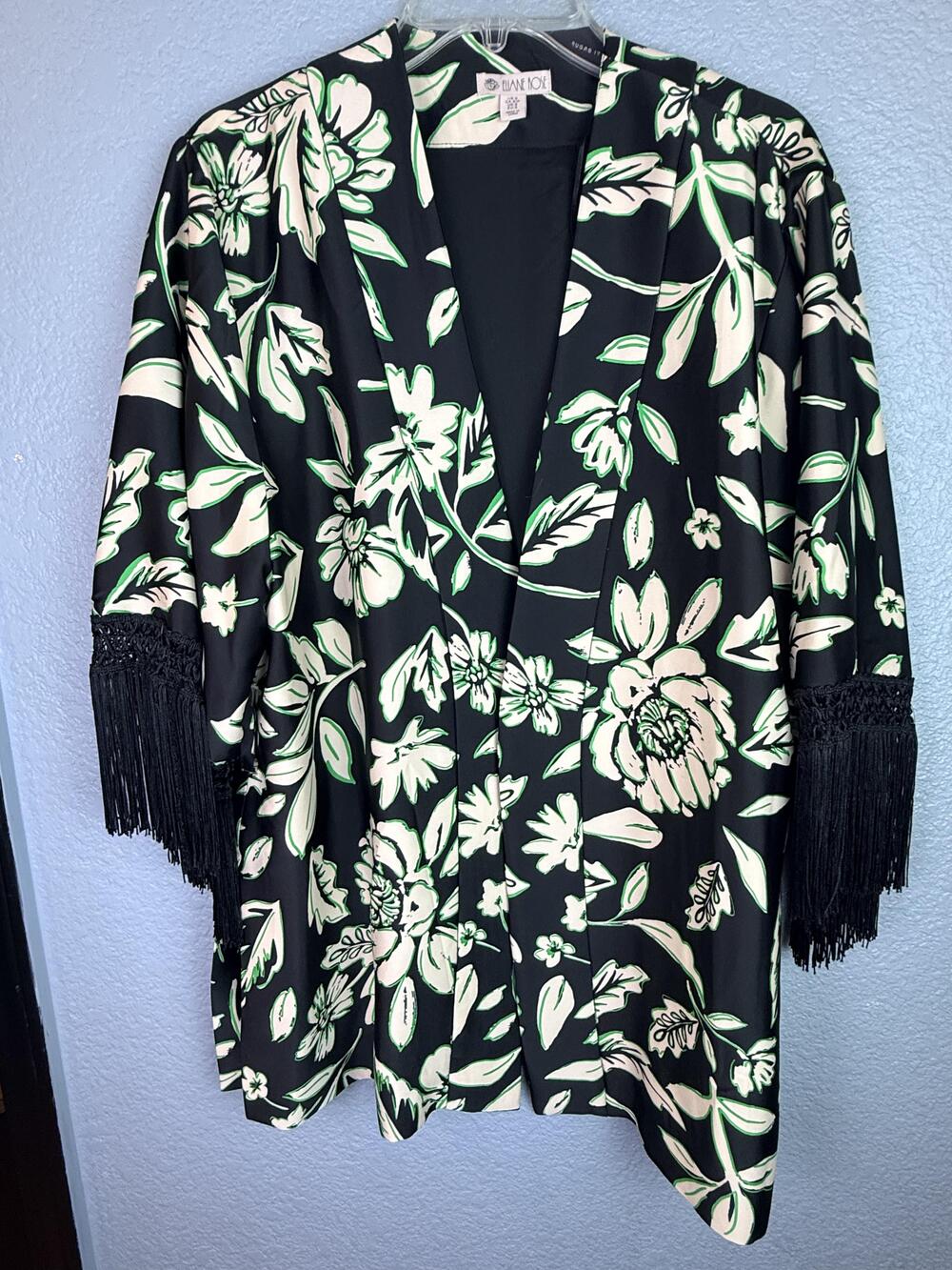Eliane Rose Jacket Womens Small Black Floral Kimono Fringe Sleeve Lined Boho